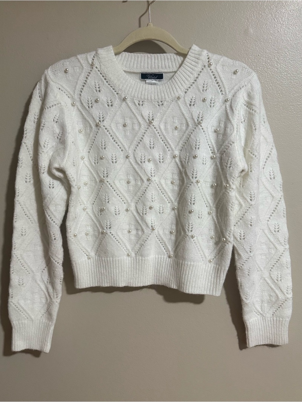 Vivid White Pearl-Studded Cable Knit Crewneck Sweater